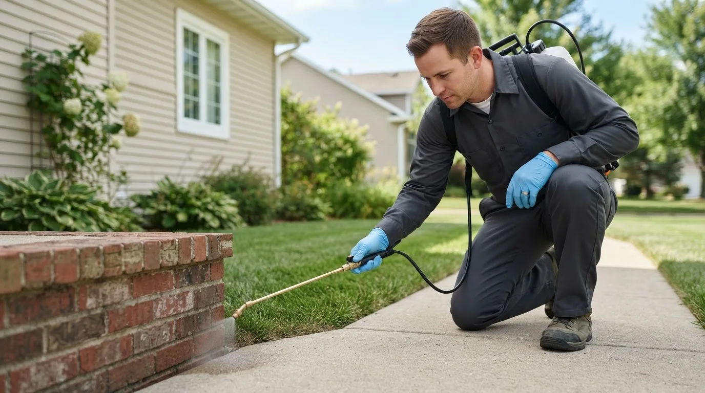 Pest control technician treating a home near Canton Center, CT
